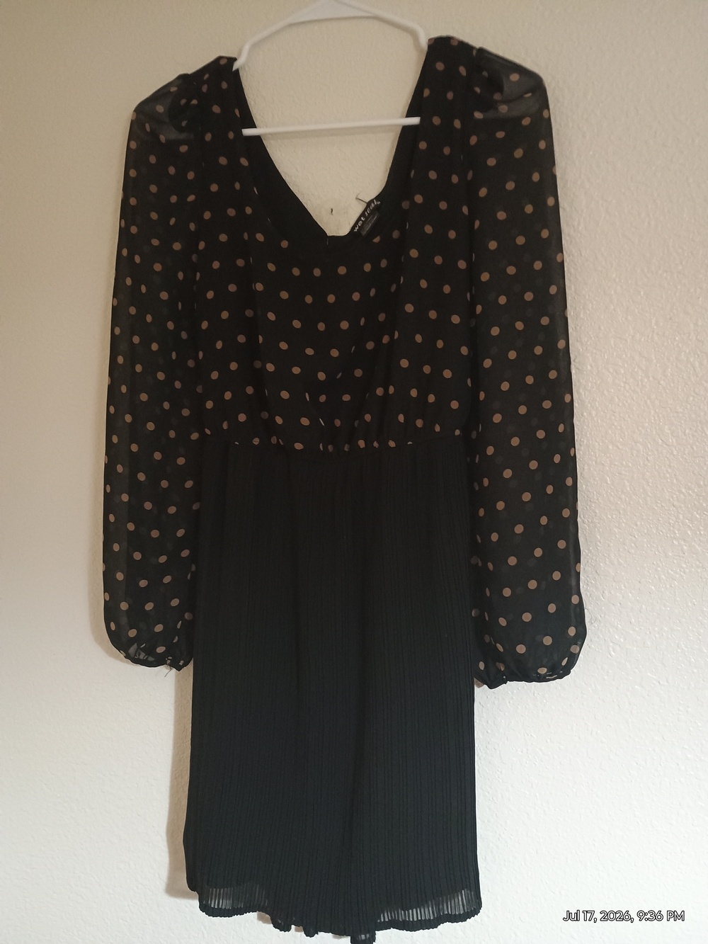 Wet Seal Black Dress with Beige Polka Dots and Sheer Long Sleeves